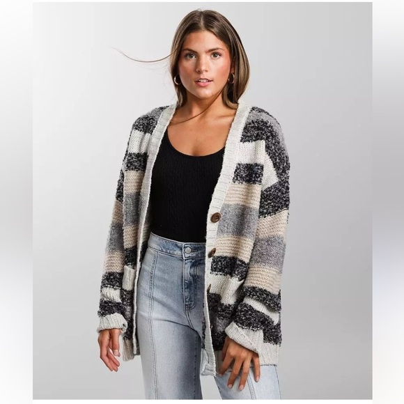 BKE Sweaters - BKE Women's Nubby Striped Cardigan Sweater